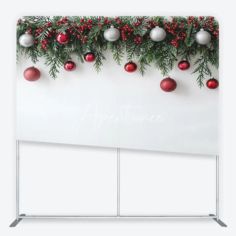 Aperturee - Aperturee Green Christmas Garland with Red Berries and Silver Ornaments Square Double-Sided Backdrop Festive Holiday Decor