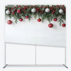 Aperturee - Aperturee Green Christmas Garland with Red Berries and Silver Ornaments Square Double-Sided Backdrop Festive Holiday Decor