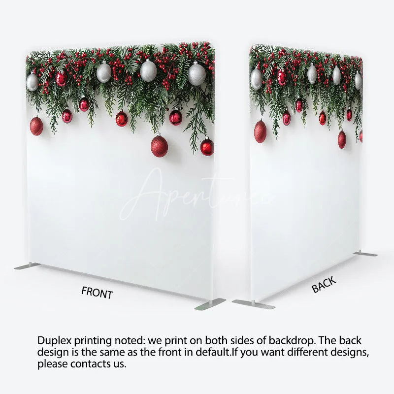 Aperturee - Aperturee Green Christmas Garland with Red Berries and Silver Ornaments Square Double-Sided Backdrop Festive Holiday Decor