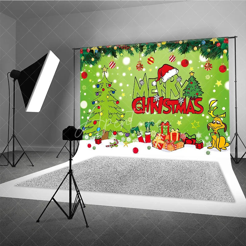 Aperturee - Aperturee Green Christmas Thief Inspired Backdrop for Holiday Party Whoville Cartoon with Dog Merry Grinchmas Photo Booth