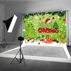 Aperturee - Aperturee Green Christmas Thief Inspired Backdrop for Holiday Party Whoville Cartoon with Dog Merry Grinchmas Photo Booth
