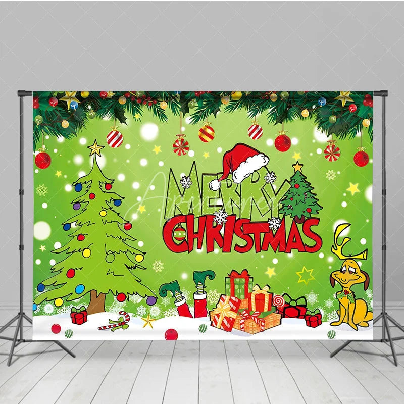Aperturee - Aperturee Green Christmas Thief Inspired Backdrop for Holiday Party Whoville Cartoon with Dog Merry Grinchmas Photo Booth