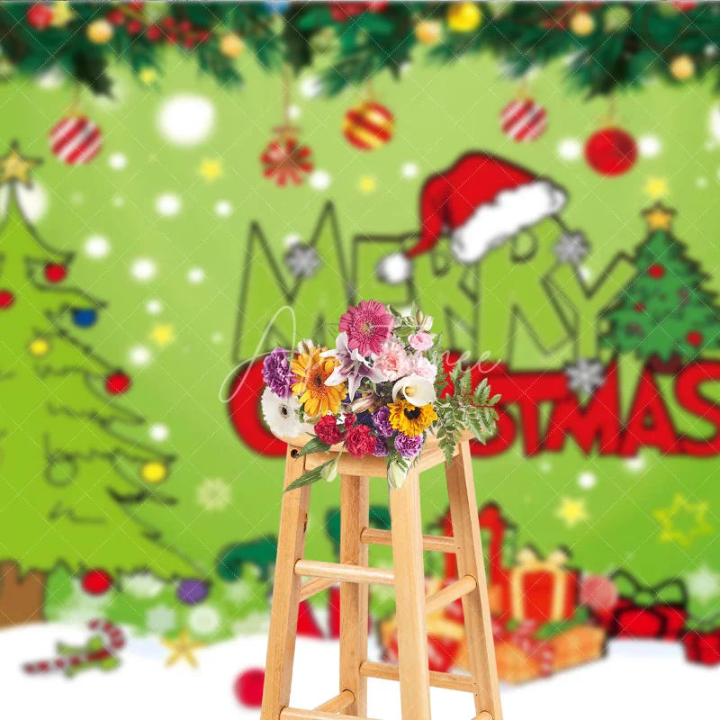Aperturee - Aperturee Green Christmas Thief Inspired Backdrop for Holiday Party Whoville Cartoon with Dog Merry Grinchmas Photo Booth