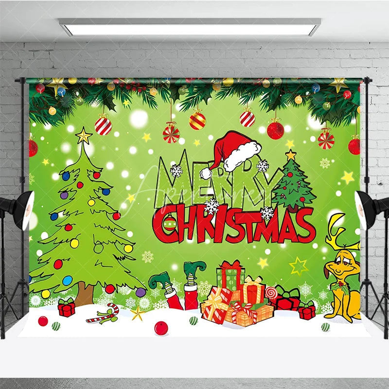 Aperturee - Aperturee Green Christmas Thief Inspired Backdrop for Holiday Party Whoville Cartoon with Dog Merry Grinchmas Photo Booth
