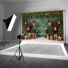 Aperturee - Aperturee Green Christmas Tree Holiday Backdrop with Golden Bells Red Bows and Festive Gifts Winter Party Decor