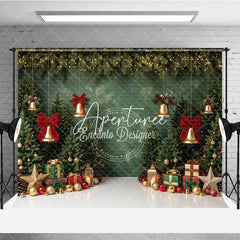 Aperturee - Aperturee Green Christmas Tree Holiday Backdrop with Golden Bells Red Bows and Festive Gifts Winter Party Decor
