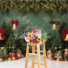 Aperturee - Aperturee Green Christmas Tree Holiday Backdrop with Golden Bells Red Bows and Festive Gifts Winter Party Decor