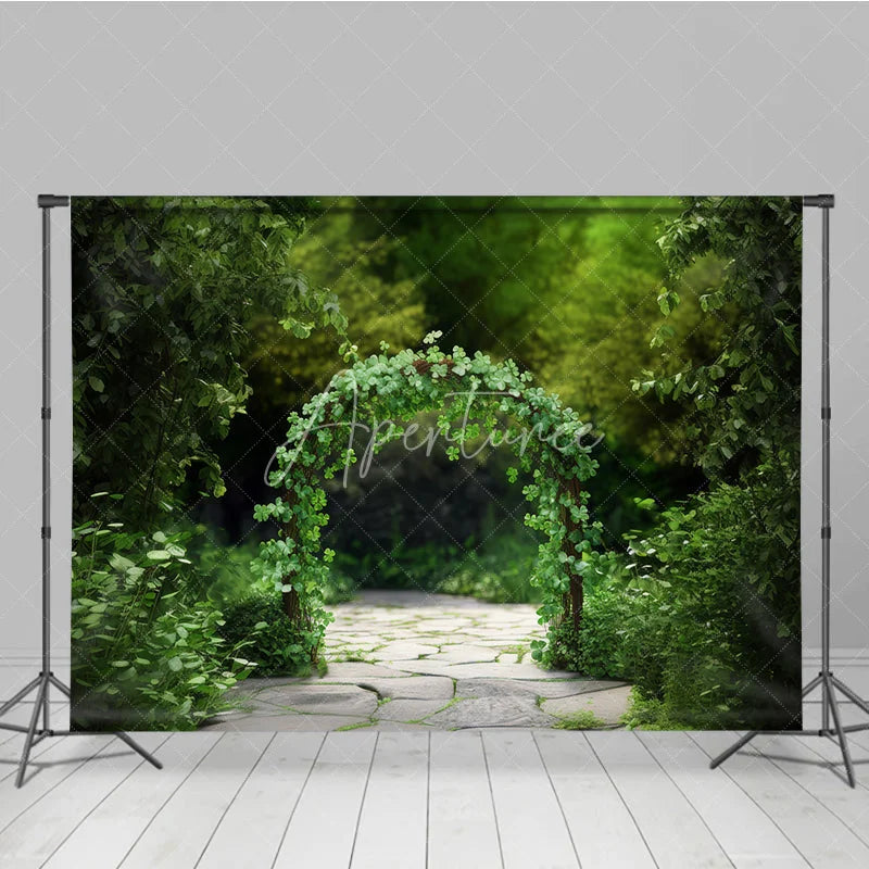 Aperturee - Aperturee Green Clover Archway Photography Backdrop with Stone Path Lush Garden Scenery for Portraits