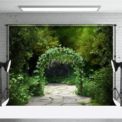 Aperturee - Aperturee Green Clover Archway Photography Backdrop with Stone Path Lush Garden Scenery for Portraits