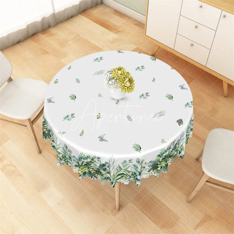 Aperturee - Aperturee Green Eucalyptus Leaf Round Tablecloth Watercolor Greenery Botanical Table Cover for Wedding