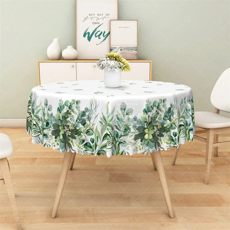 Aperturee - Aperturee Green Eucalyptus Leaf Round Tablecloth Watercolor Greenery Botanical Table Cover for Wedding