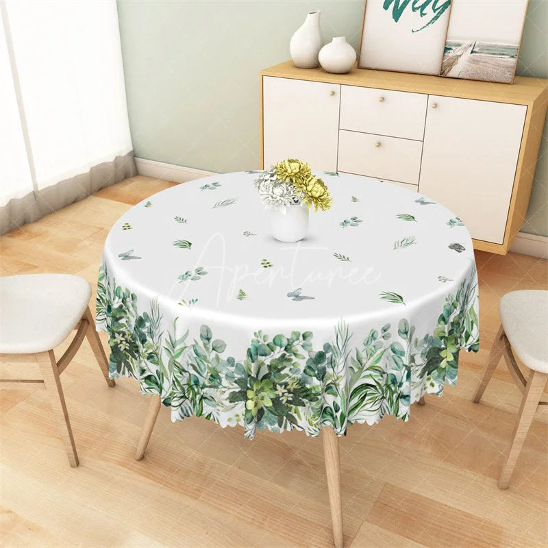 Aperturee - Aperturee Green Eucalyptus Leaf Round Tablecloth Watercolor Greenery Botanical Table Cover for Wedding