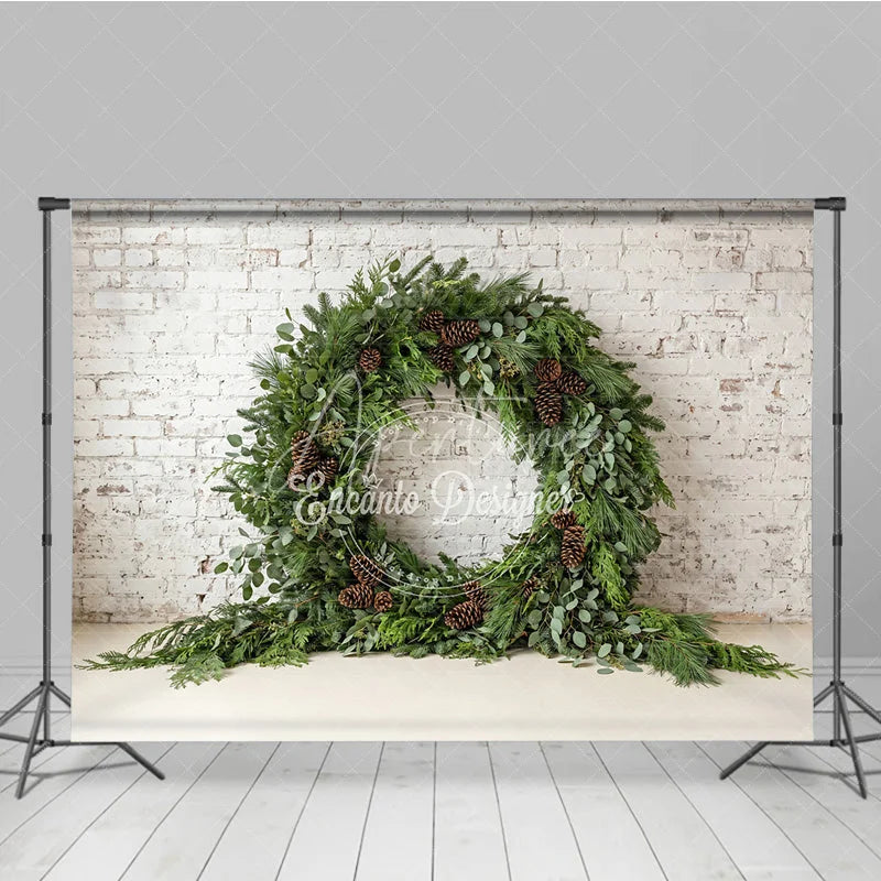 Aperturee - Aperturee Green Evergreen Wreath and Pinecone Holiday Backdrop Rustic Winter Christmas Party Decor on White Brick Wall
