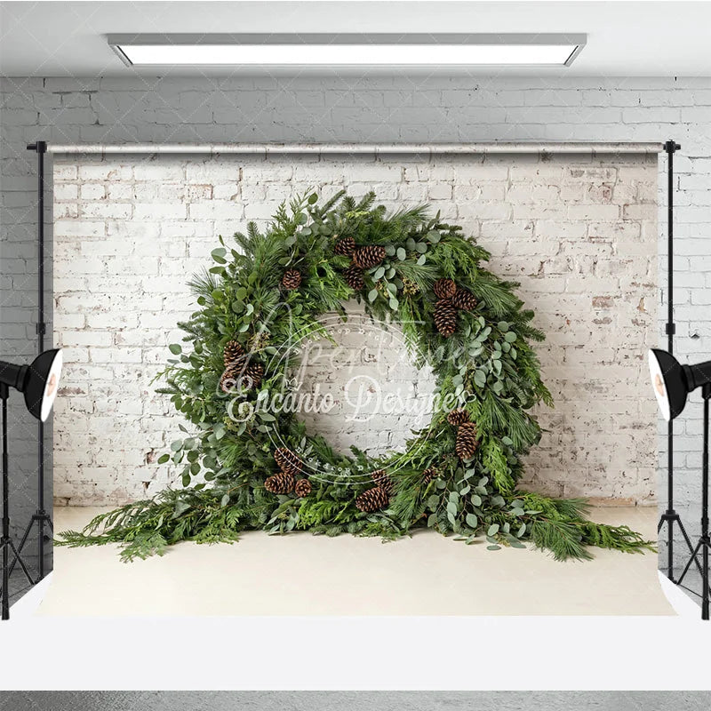 Aperturee - Aperturee Green Evergreen Wreath and Pinecone Holiday Backdrop Rustic Winter Christmas Party Decor on White Brick Wall