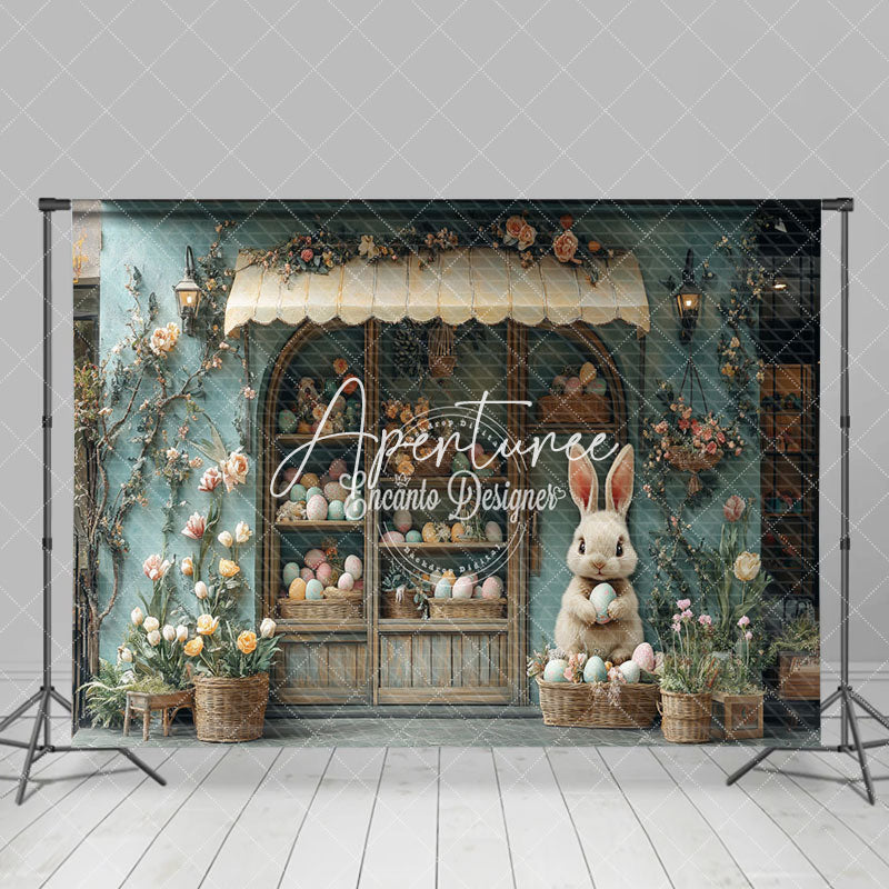 Aperturee - Aperturee Green Floral House Bunny Eggs Easter Photo Backdrop