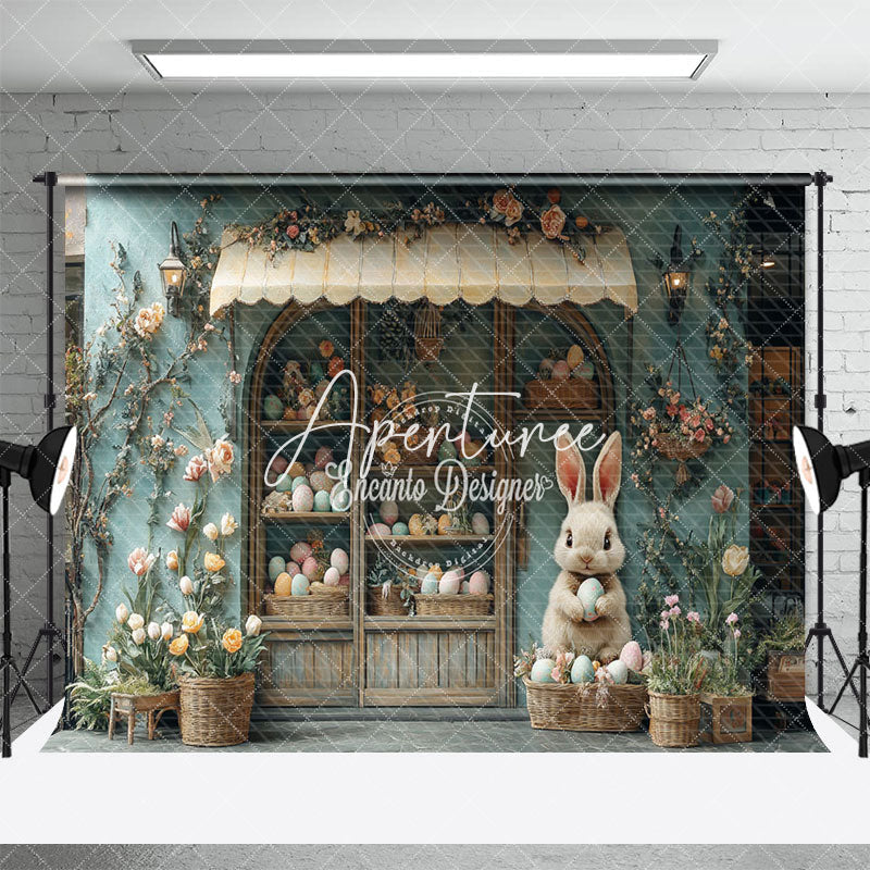 Aperturee - Aperturee Green Floral House Bunny Eggs Easter Photo Backdrop