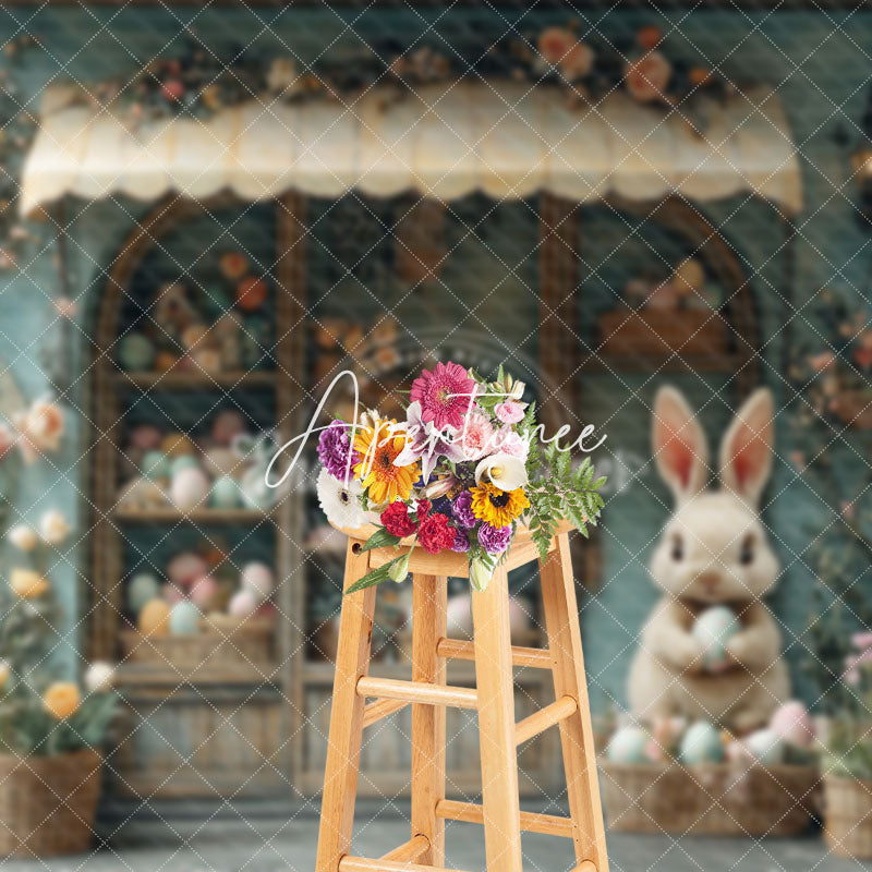 Aperturee - Aperturee Green Floral House Bunny Eggs Easter Photo Backdrop