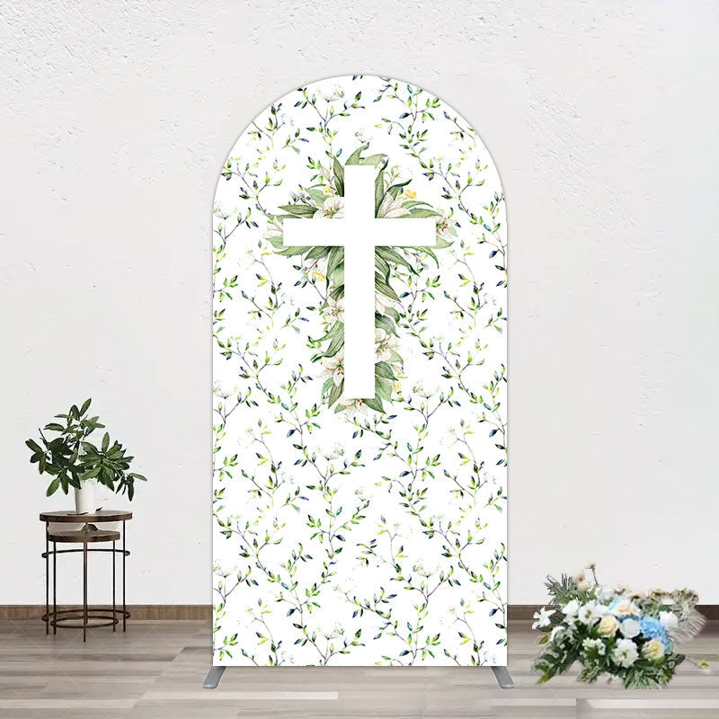 Aperturee - Aperturee Green Flower Cross God Bless Baptism Arch Backdrop