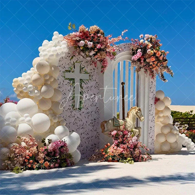 Aperturee - Aperturee Green Flower Cross God Bless Baptism Arch Backdrop