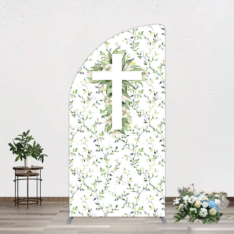 Aperturee - Aperturee Green Flower Cross God Bless Baptism Half Moon Arch Backdrop