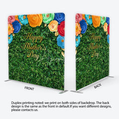 Aperturee - Aperturee Green Foliage Happy Mother’s Day Square Double-Sided Backdrop with Colorful Paper Flowers and Golden Leaves