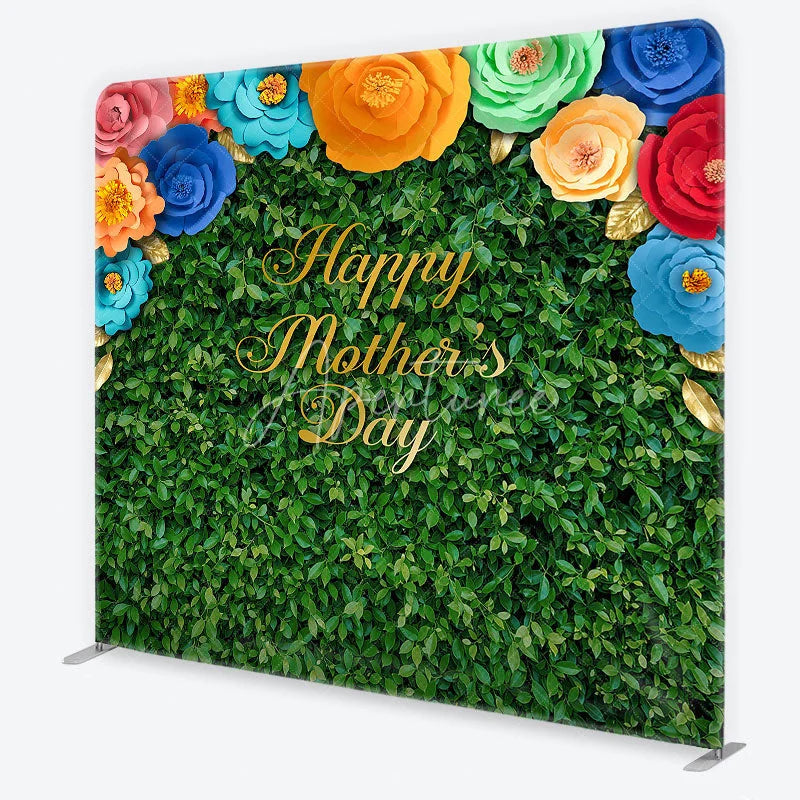 Aperturee - Aperturee Green Foliage Happy Mother’s Day Square Double-Sided Backdrop with Colorful Paper Flowers and Golden Leaves