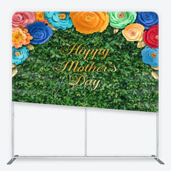 Aperturee - Aperturee Green Foliage Happy Mother’s Day Square Double-Sided Backdrop with Colorful Paper Flowers and Golden Leaves