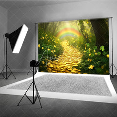 Aperturee - Aperturee Green Forest Photography Backdrop with Rainbow Gold Coin Path and Lucky Clovers Enchanted Scenery