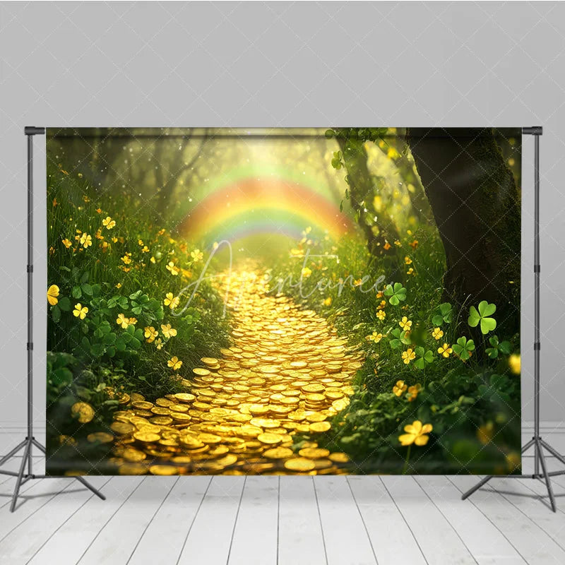 Aperturee - Aperturee Green Forest Photography Backdrop with Rainbow Gold Coin Path and Lucky Clovers Enchanted Scenery