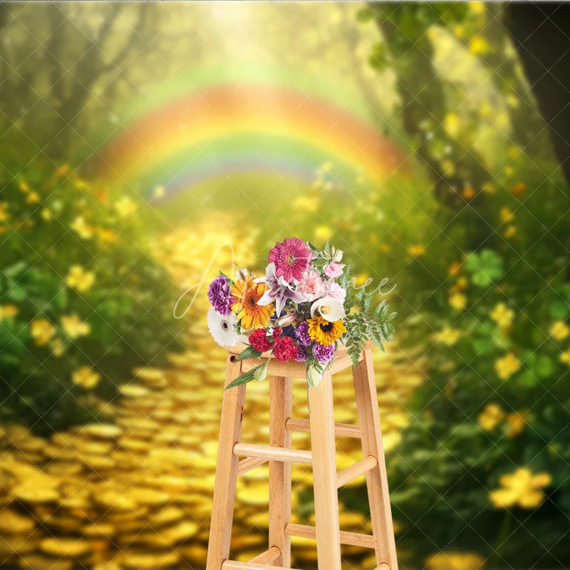 Aperturee - Aperturee Green Forest Photography Backdrop with Rainbow Gold Coin Path and Lucky Clovers Enchanted Scenery