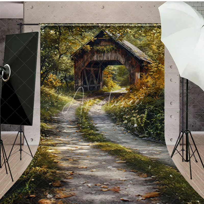 Aperturee - Aperturee Green Forest Summer Covered Bridge Sweep Backdrop