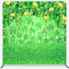 Aperturee - Aperturee Green Glitter St. Patrick’s Day Shamrocks and Gold Coins Square Double-Sided Backdrop Leprechaun Hat Party Decor