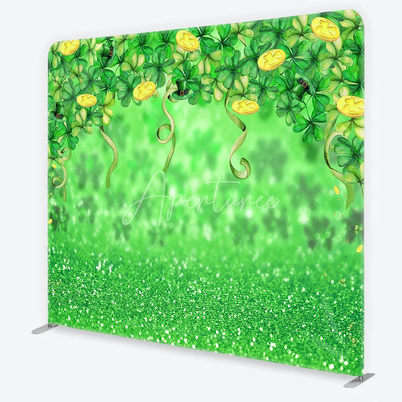 Aperturee - Aperturee Green Glitter St. Patrick’s Day Shamrocks and Gold Coins Square Double-Sided Backdrop Leprechaun Hat Party Decor