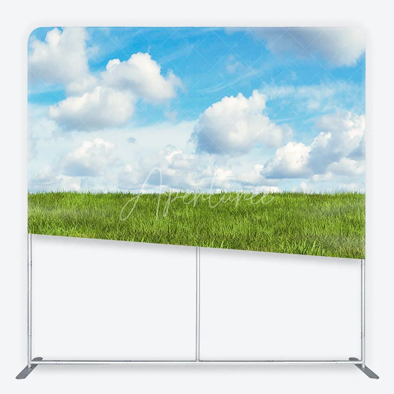 Aperturee - Aperturee Green Grass Field and Blue Sky with White Clouds Square Double-Sided Backdrop Natural Landscape Photography Prop