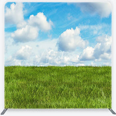 Aperturee - Aperturee Green Grass Field and Blue Sky with White Clouds Square Double-Sided Backdrop Natural Landscape Photography Prop