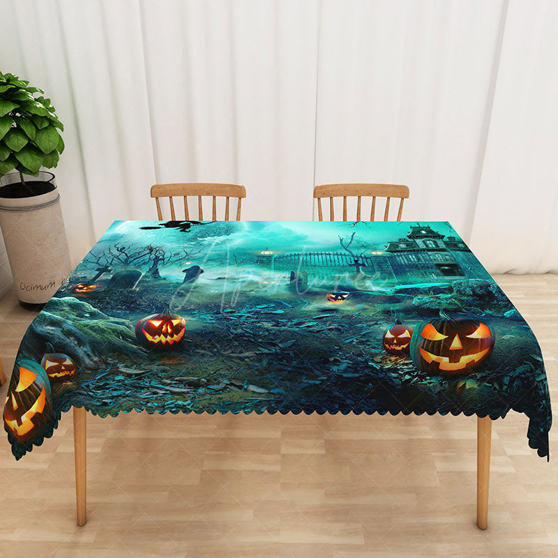 Aperturee - Aperturee Green Halloween Graveyard Rectangle Tablecloth for Spooky Zombie and Haunted Cemetery Party Decor