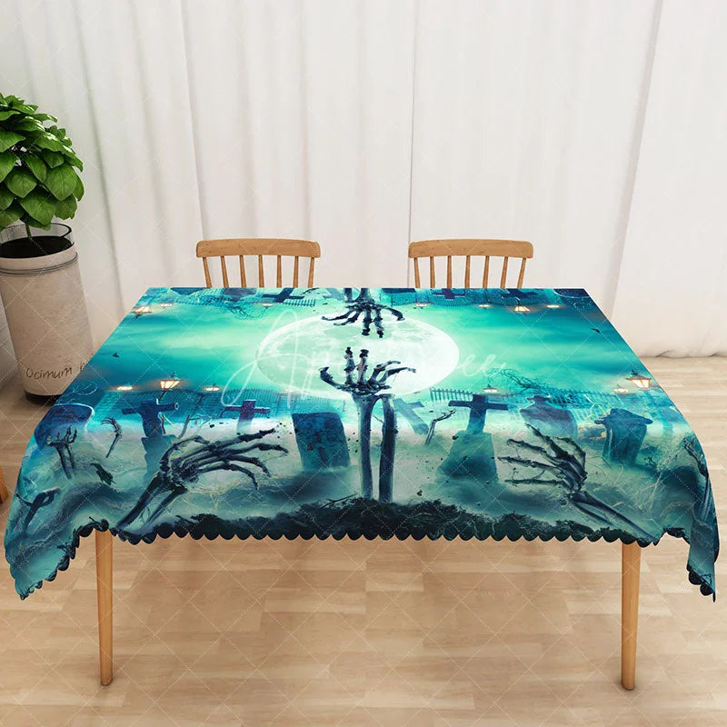 Aperturee - Aperturee Green Halloween Rectangle Tablecloth with Graveyard and Full Moon for Spooky Zombie Apocalypse Party