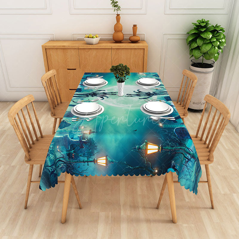 Aperturee - Aperturee Green Halloween Rectangle Tablecloth with Graveyard and Full Moon for Spooky Zombie Apocalypse Party