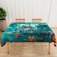 Aperturee - Aperturee Green Halloween Rectangle Tablecloth with Spooky Jack O’ Lanterns for Zombie and Haunted Party Decor