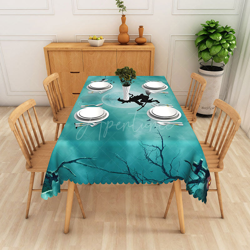 Aperturee - Aperturee Green Halloween Rectangle Tablecloth with Witch Moon and Bats for Spooky Night and Wicked Party Decor