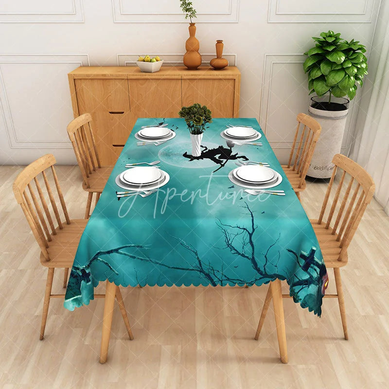 Aperturee - Aperturee Green Halloween Rectangle Tablecloth with Witch Moon and Bats for Spooky Night and Wicked Party Decor