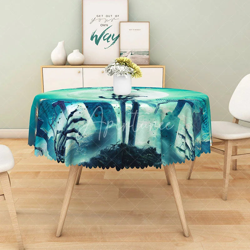 Aperturee - Aperturee Green Halloween Round Tablecloth with Full Moon and Graveyard for Zombie and Spooky Party Decor