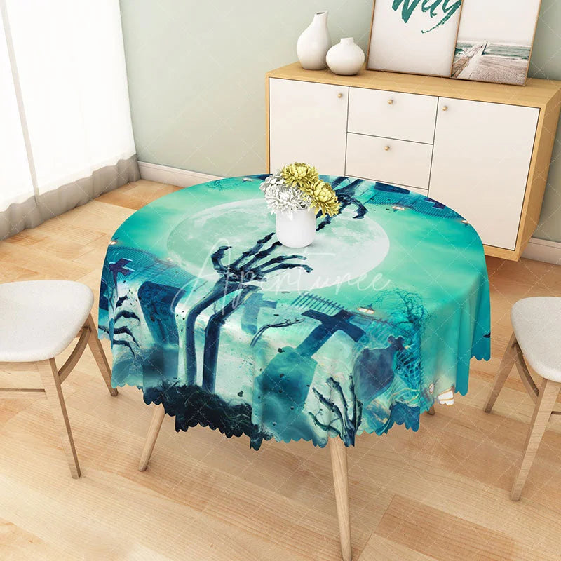 Aperturee - Aperturee Green Halloween Round Tablecloth with Full Moon and Graveyard for Zombie and Spooky Party Decor