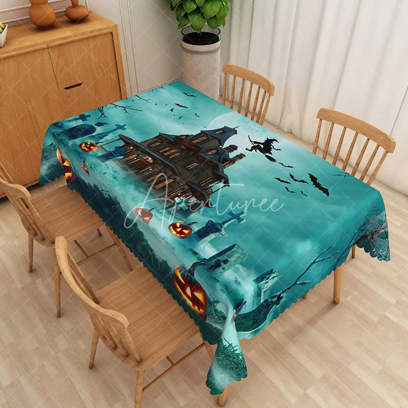 Aperturee - Aperturee Green Haunted House and Graveyard Rectangle Tablecloth for Spooky Halloween and Zombie Party Decor