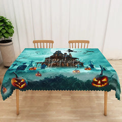 Aperturee - Aperturee Green Haunted House and Graveyard Rectangle Tablecloth for Spooky Halloween and Zombie Party Decor