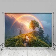 Aperturee - Aperturee Green Hillside Rainbow Sunset Natural Scene Backdrop