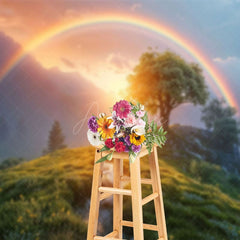 Aperturee - Aperturee Green Hillside Rainbow Sunset Natural Scene Backdrop