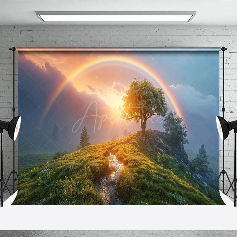 Aperturee - Aperturee Green Hillside Rainbow Sunset Natural Scene Backdrop