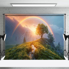 Aperturee - Aperturee Green Hillside Rainbow Sunset Natural Scene Backdrop