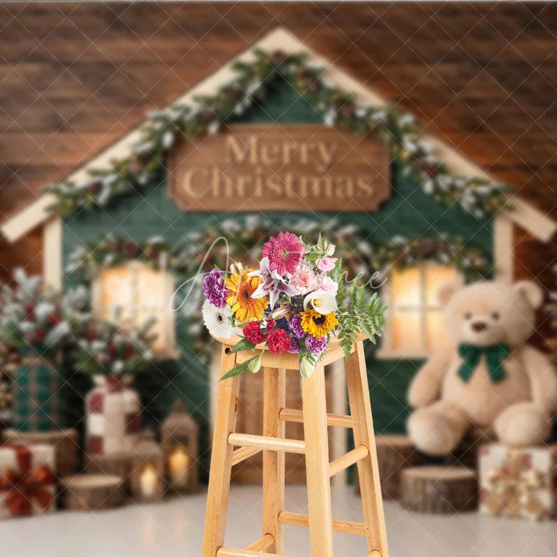 Aperturee - Aperturee Green House Merry Christmas Holiday Backdrop with Flocked Trees Teddy Bear and Festive Gifts Decor